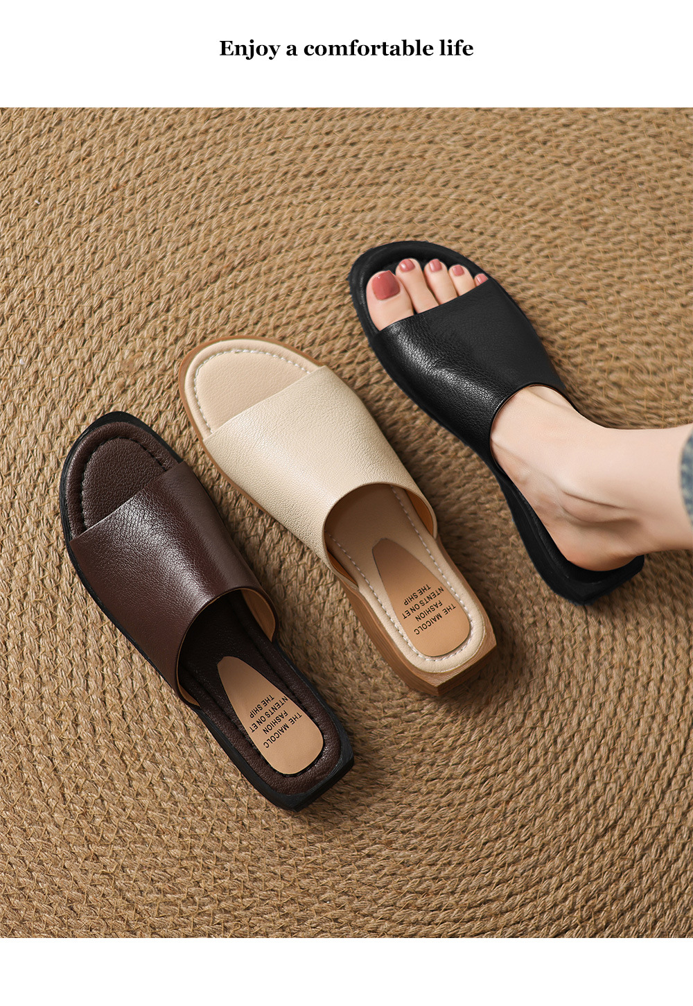 Sandal hở mũi nữ gót thấp da dê mũi vuông quai ngang — màu nâu chi tiết 1