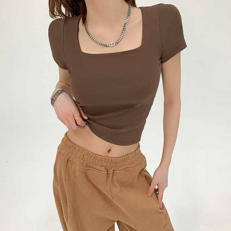 Cuello cuadrado francés, hombros rectos, gris fino, manga corta, verano puro, dulce y picante, camisa de fondo, camiseta fina, blusa interior