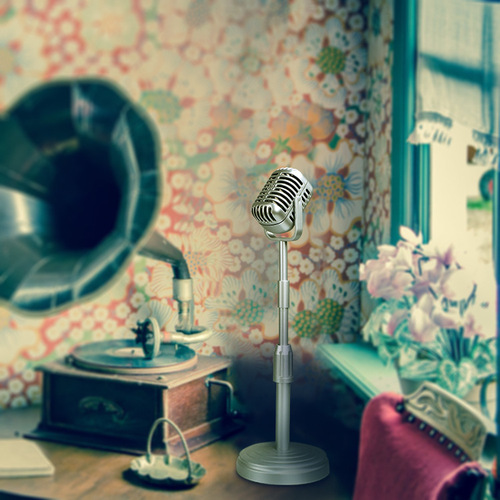 New product, simulated old-fashioned fake microphone model, studio, ancient style photography, posing, nostalgic retro microphone props