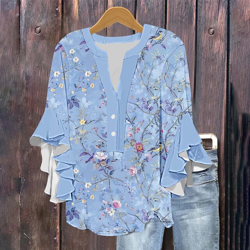 Women's New 3/4 Lace Sleeve V Neck Button Three-Quarter Sleeve Casual Printed Loose Top