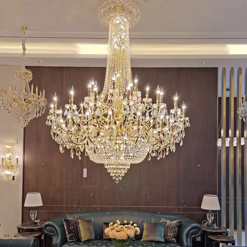 European-style crystal chandelier for villa living room, golden large chandelier, luxurious hotel banquet hall decoration, ironwork crystal lighting fixtures