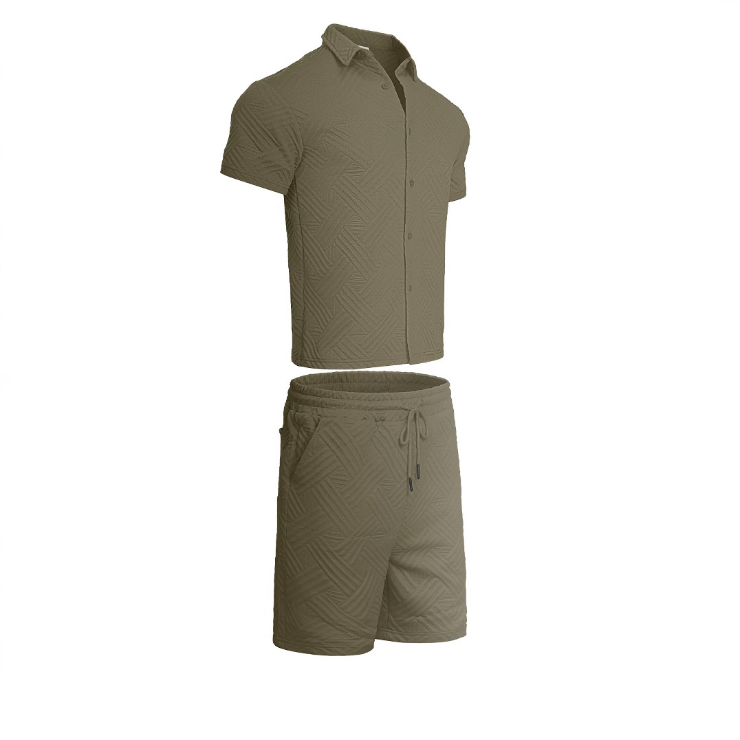 Oferta de verano transfronteriza de Amazon: Nuevo conjunto de dos piezas para hombre, camisa jacquard de color sólido y pantalones cortos casuales de manga corta.