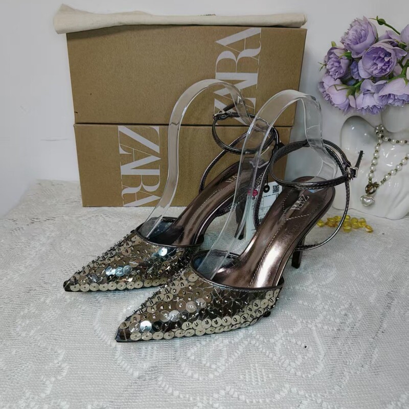 Za Spain 2026 New French-Style Sequin Elegant Sandals for Women with Thin Heels and Single Strap High Heels