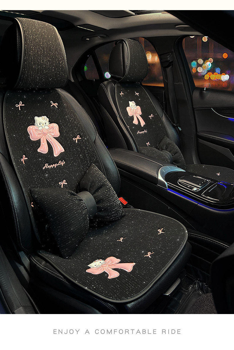 Car seat cushion, summer cooling pad, suitable for all seasons, cute KT cat single-piece car pad, breathable linen car seat cover