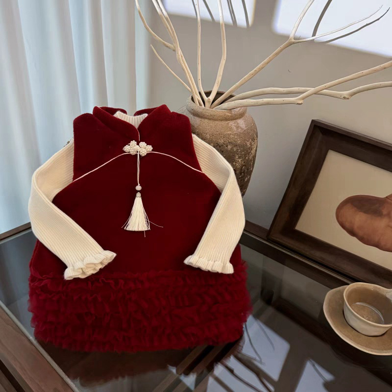 Ropa de niños vestidos de niñas de invierno estilo extranjero temperamento de alta gama chaleco vestido de Año Nuevo vestido de aniversario de princesa roja