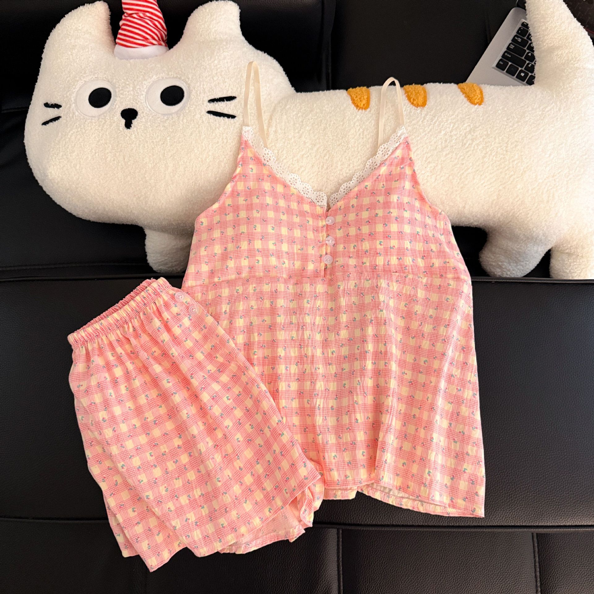 Pantalones cortos con cojín de pecho al por mayor transfronterizo pijamas de verano nuevo algodón nublado dulce conjunto de ropa de casa a cuadros