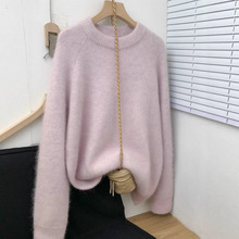 欧货高端100纯羊毛衫女圆领粉色插肩宽松慵懒加厚软糯打底毛衣