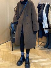 咖色中長款毛呢大衣女冬季新款韓國氣質復古風寬松羊羔絨加厚外套