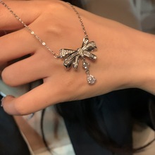 仙女之泪!微镶锆石蝴蝶结项链女精致水滴锁骨链小众设计高级颈链
