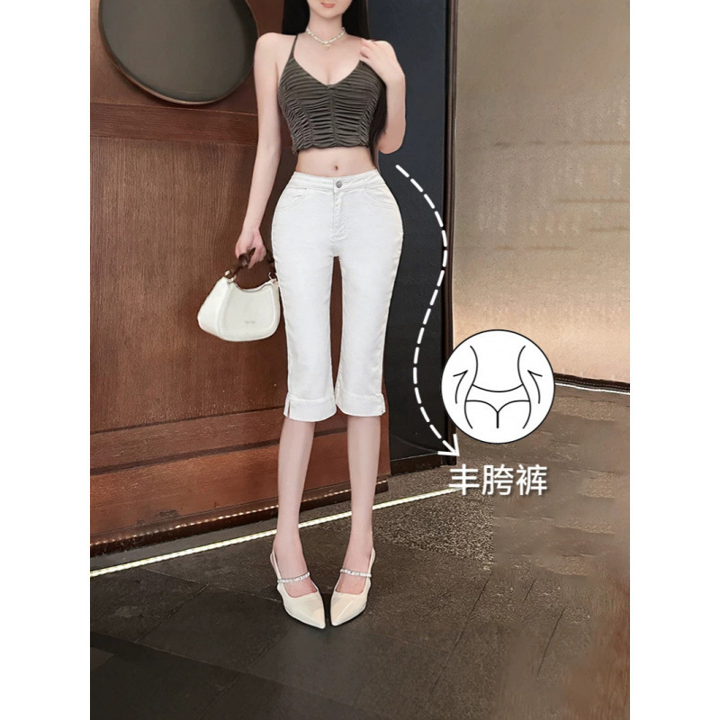 Slimming 6-point white women's capri pants, mid-waist high-elasticity slim-fit jeans Slimming 6-point white women's capri pants, mid-waist high-elasticity slim-fit jeans