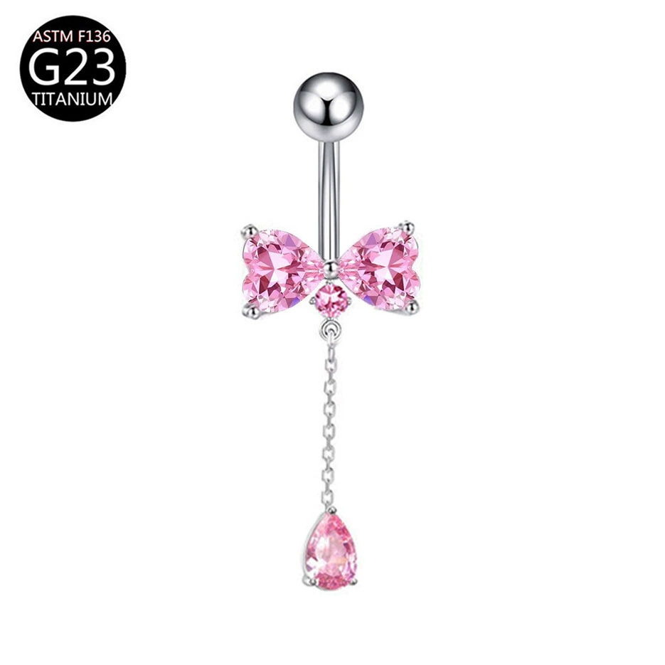 Fuchsia belly button piercing with bow, pendant drop-shaped, European style