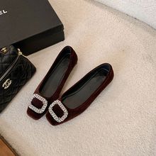 羊皮版~方头粗跟水钻玛丽珍鞋女气质浅口通勤职业不累脚瓢鞋单鞋