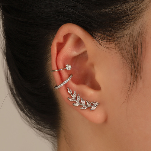 Cross-border best-selling zirconium earring set, Instagram stylish temperament leaf stud earrings, no piercing simple personalized earrings