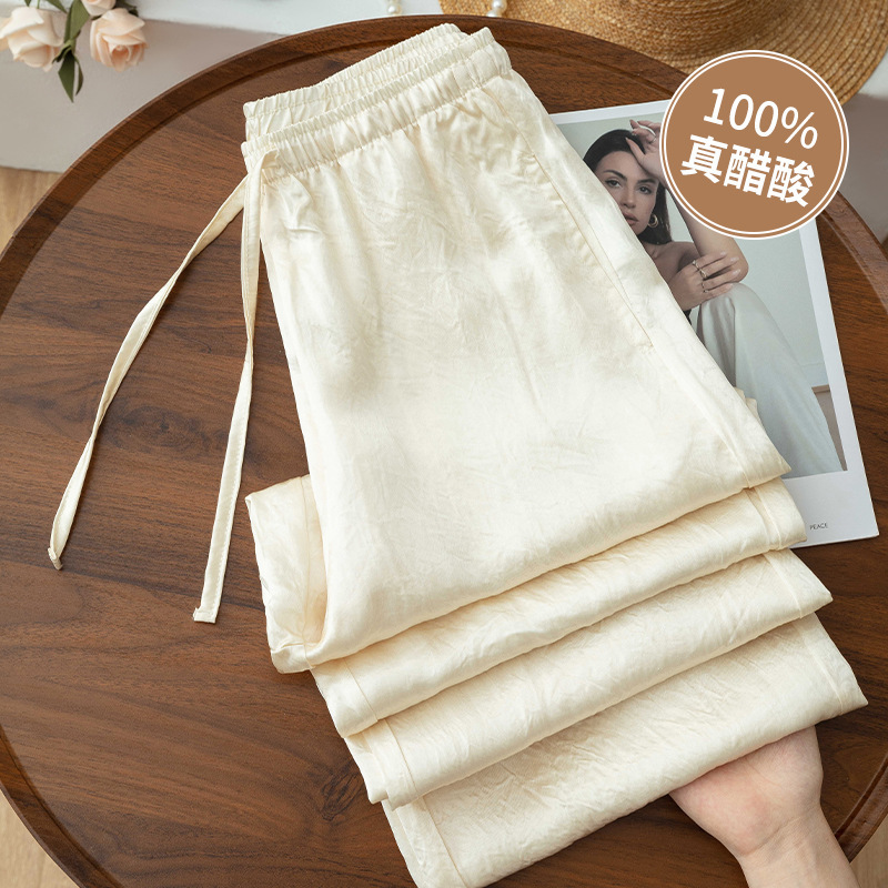 100% Acetate Satin Silk Wide-Leg Pants for Women, Summer Thin Style, High-End, Smooth, Soft, Wrinkle-Free, Elastic Waist Casual Pants
