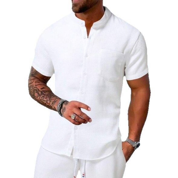 Summer 2025 Amazon Casual 2-piece Men's Simple Solid Color Textured Short-sleeved Shirt and Shorts suit