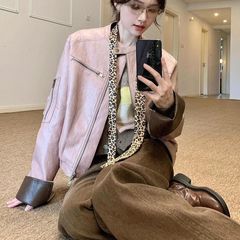 美式复古酷飒风撞色pu皮衣外套女秋季独特超好看廓形休闲夹克上衣