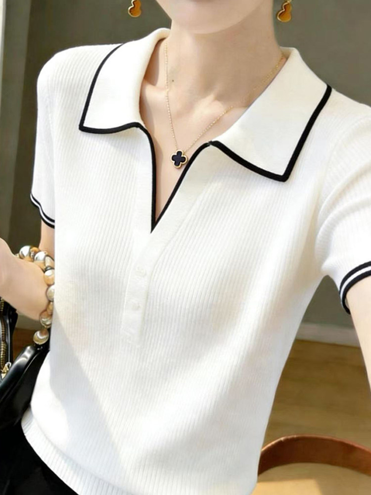 Áo thun nữ cổ polo phối sọc tay ngắn dệt kim phong cách Chanel — màu trắng ngà chi tiết 3