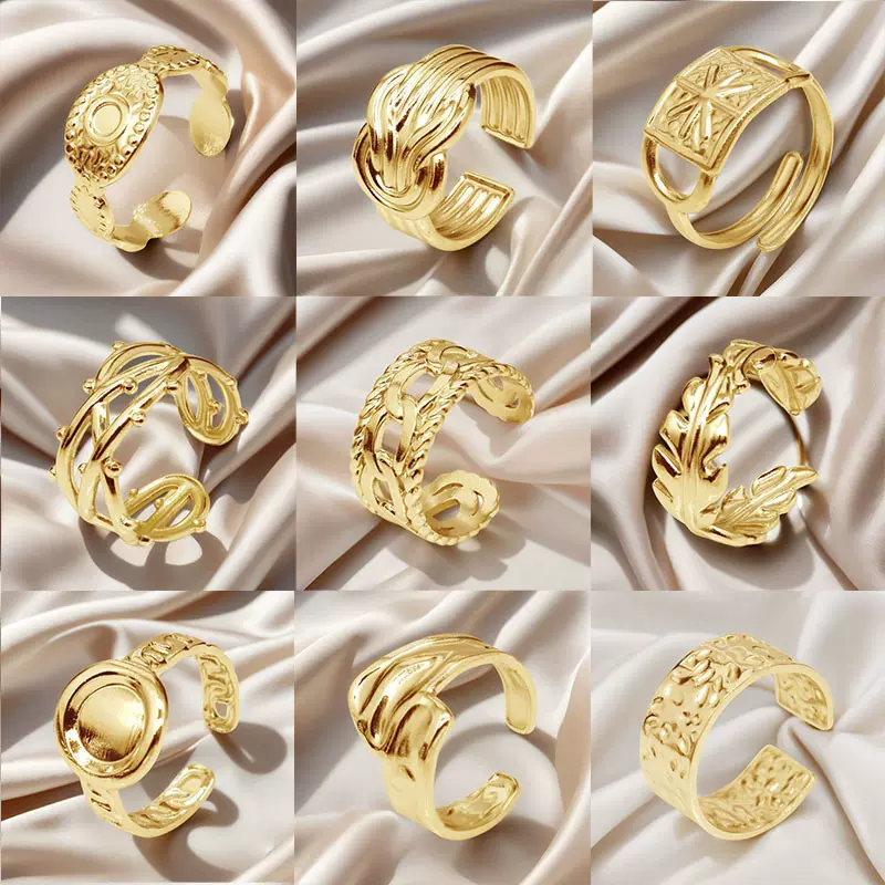 欧美热销不锈钢戒指女轻奢高级感不规则纹理镂空设计开口钛钢戒指