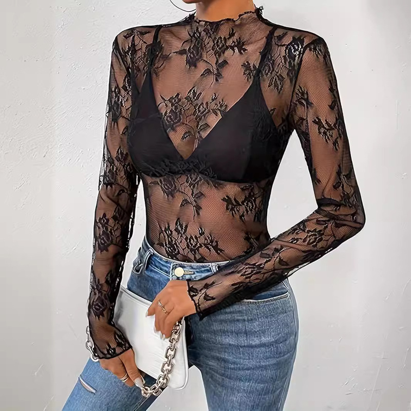 Women's Printed Tulle Mesh Simulated Collar Lettuce Trim Long-Sleeved Top Sexy Top