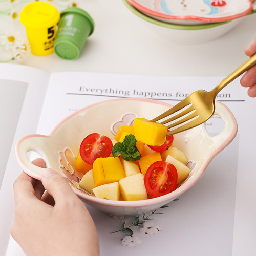 Hand-painted Relief Ceramic Cute Home Salad Bowl High-End Dessert Bowl Two-Ear Fruit Bowl Breakfast Oatmeal Bowl