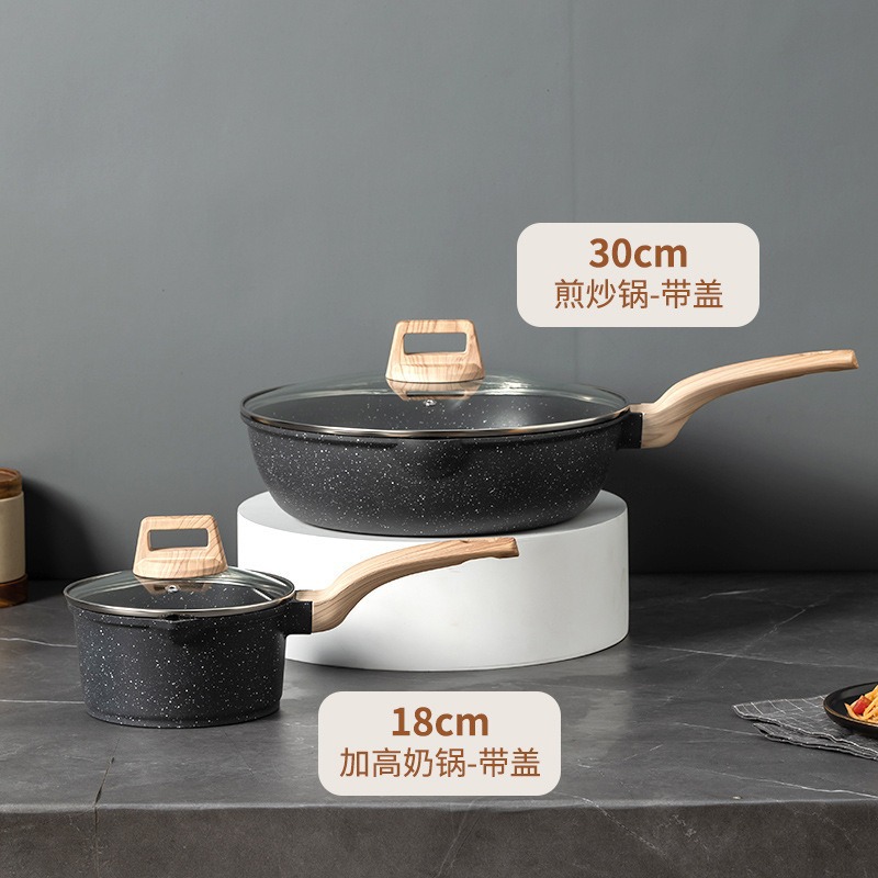 Juego de utensilios de cocina transfronterizo, juego doméstico de cuatro piezas, juego de utensilios de cocina de piedra de mármol, alto valor estético, integrado para cocinar al vapor y saltear, sartén antiadherente al por mayor