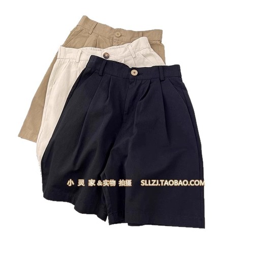 Women's beige American-style suit shorts 2025 summer thin loose slimming wide-leg five-pocket pants, dropshipping one piece