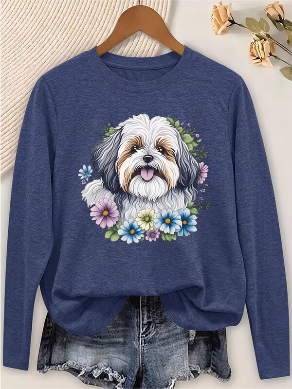 Women's casual long-sleeved round-neck t-shirt with a cute puppy and print, a soft and simple top, wholesale