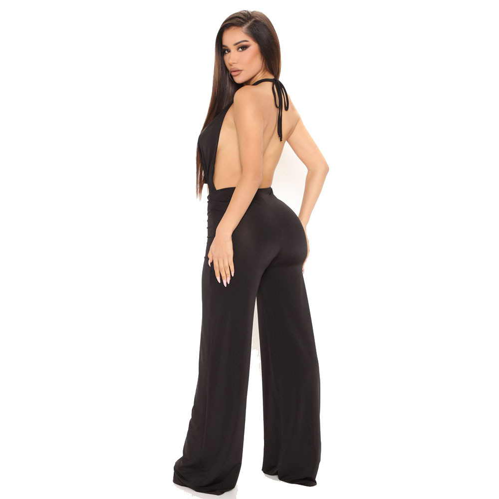 Deep V Hanging Neck Lace-Up Backless Wide Leg Solid Color Jumpsuit NSYMA113657