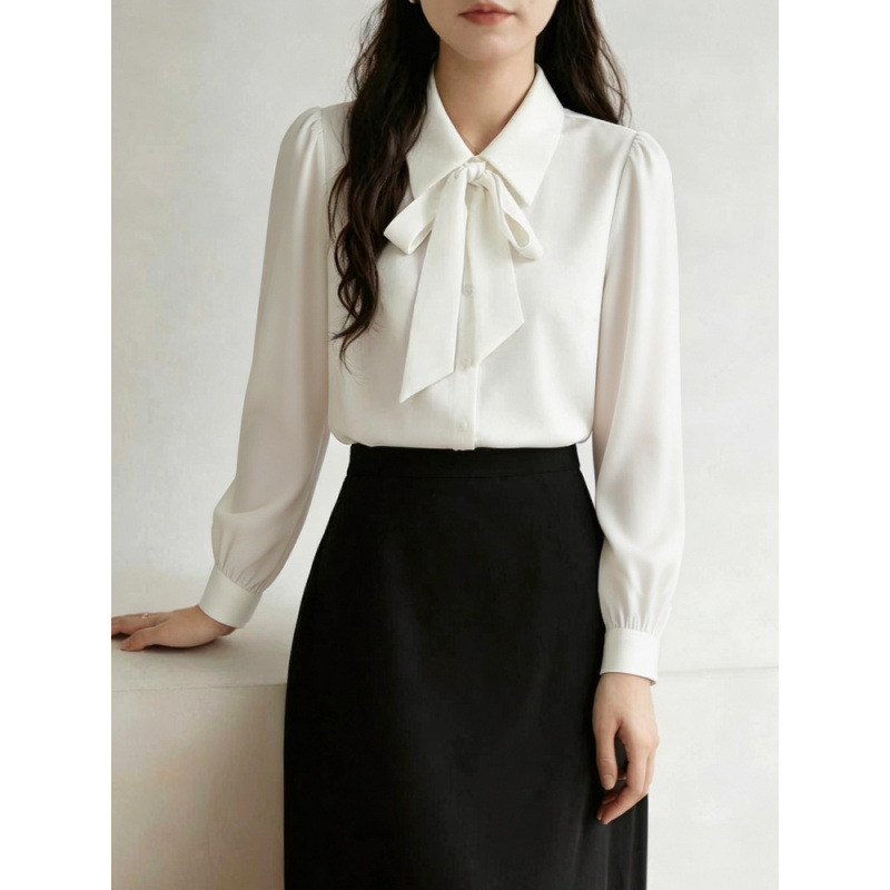 2026 Spring and Autumn White Shirt for Women, Professional French Style Niche Top, Interview Formal Wear, Long Sleeve Chiffon Ribbon White Blouse 2026 Spring and Autumn White Shirt for Women, Professional French Style Niche Top, Interview Formal Wear, Long Sleeve Chiffon Ribbon White Blouse