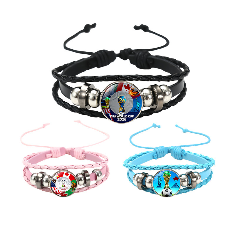 2026 Usa-Mexico-Canada World Cup Emblem Snap Bracelet Retro Multi-Layer Braided Pu Leather Bracelet Fan Souvenir