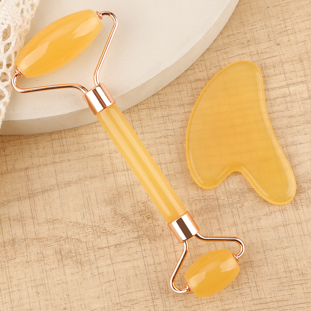 Rodillo de jade de imitación de doble cabeza, masajeador de tabla gua sha, bastón de masaje facial de fisioterapia, dispositivo de belleza de resina engrosada, transfronterizo