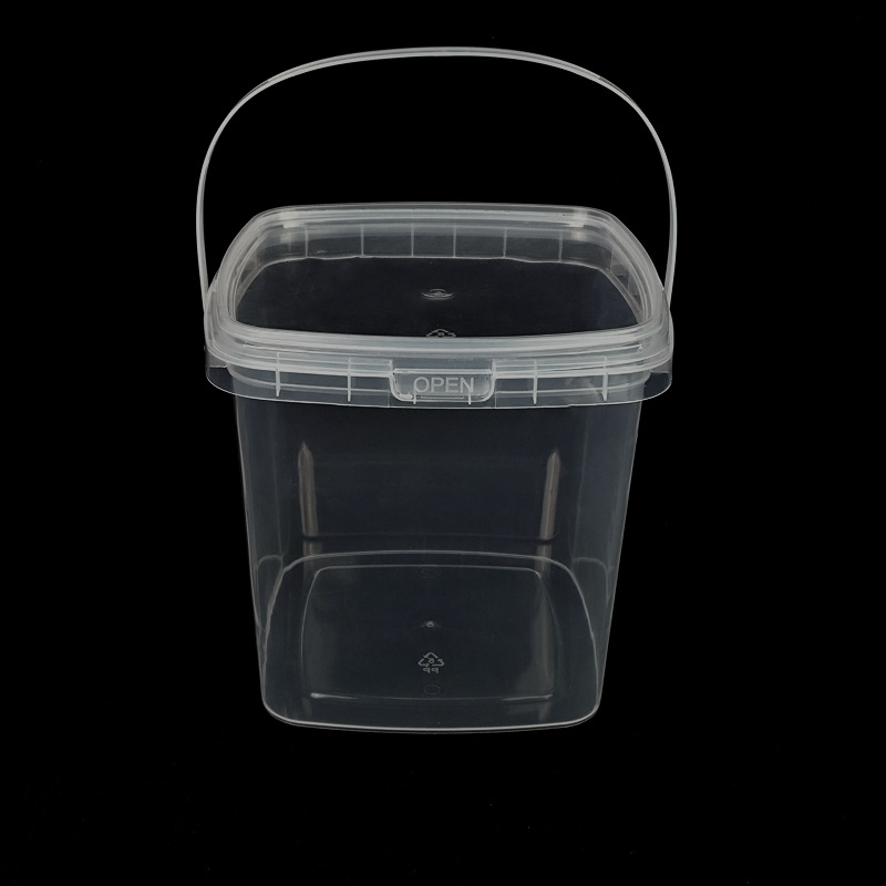 1 liter square transparent plastic bucket with lid, household sealed storage small bucket, PP handle toy packaging bucket