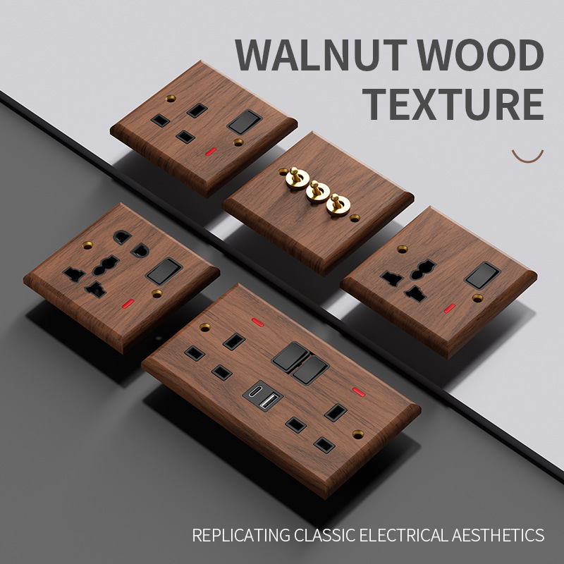 Hong Kong and Macau Version 13A British-Style Socket with USB Fast Charging, British Standard Square Pin Three-Hole Solid Wood Toggle Switch Panel Hong Kong and Macau Version 13A British-Style Socket with USB Fast Charging, British Standard Square Pin Three-Hole Solid Wood Toggle Switch Panel