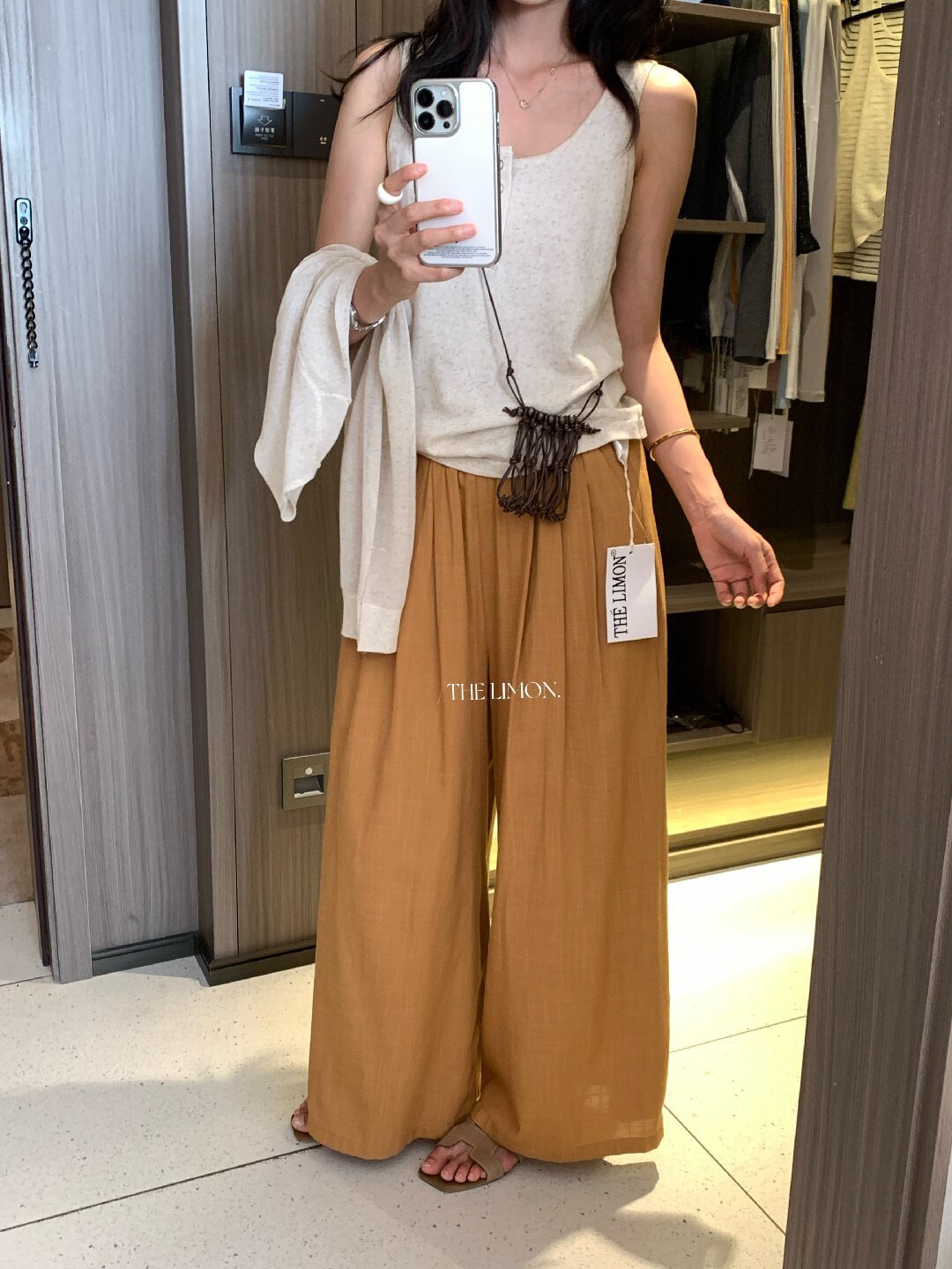 Quần ống rộng nữ vải linen phối cotton dáng suông mùa hè — Xám gạo, Xanh xám nhạt, Xanh đen, Cam bí ngô chi tiết 68
