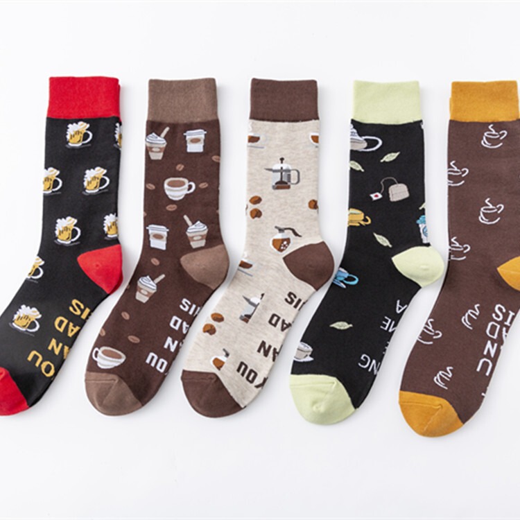 Spot new colorful tide socks high cotton socks drink series pattern casual trend men's socks wholesale