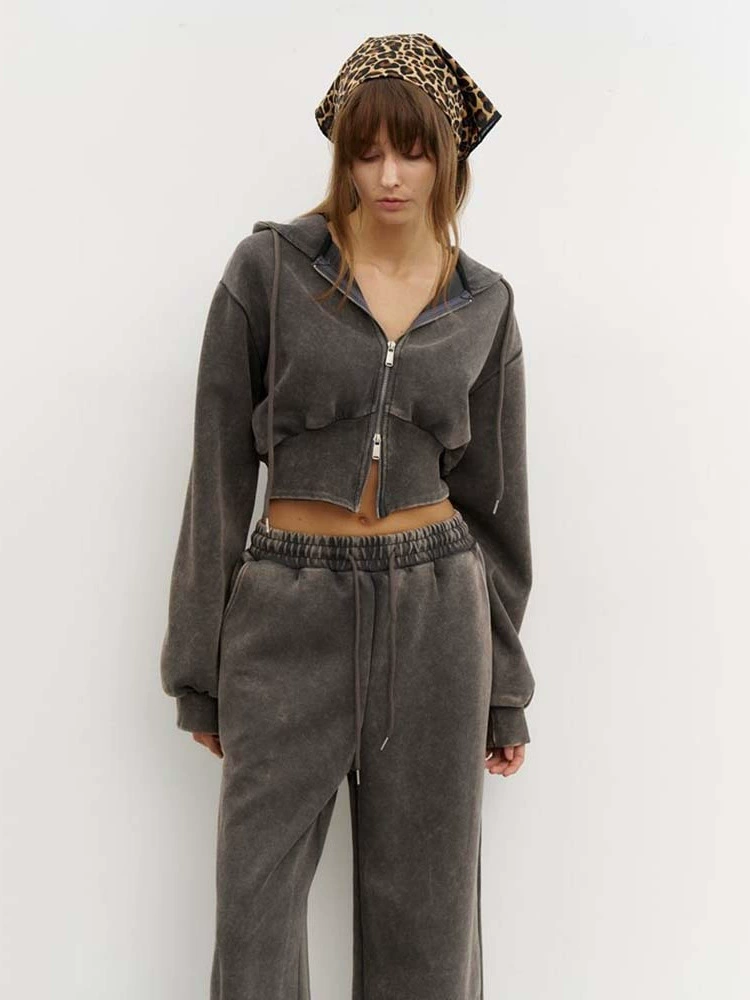 Cropped hooded sweatshirt and casual trousers set, women, 80% cotton, autumn retro style