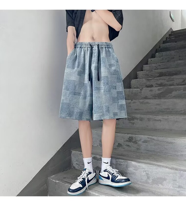 Jacquard Plaid Denim shorts men's fashion brand summer thin casual pants American plus size loose 5-quarter pants Jacquard Plaid Denim shorts men's fashion brand summer thin casual pants American plus size loose 5-quarter pants