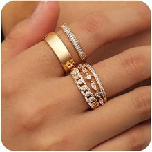 亚马逊新款饰品 时尚简约锆石镀14k金镶钻女士可叠搭五件套戒指
