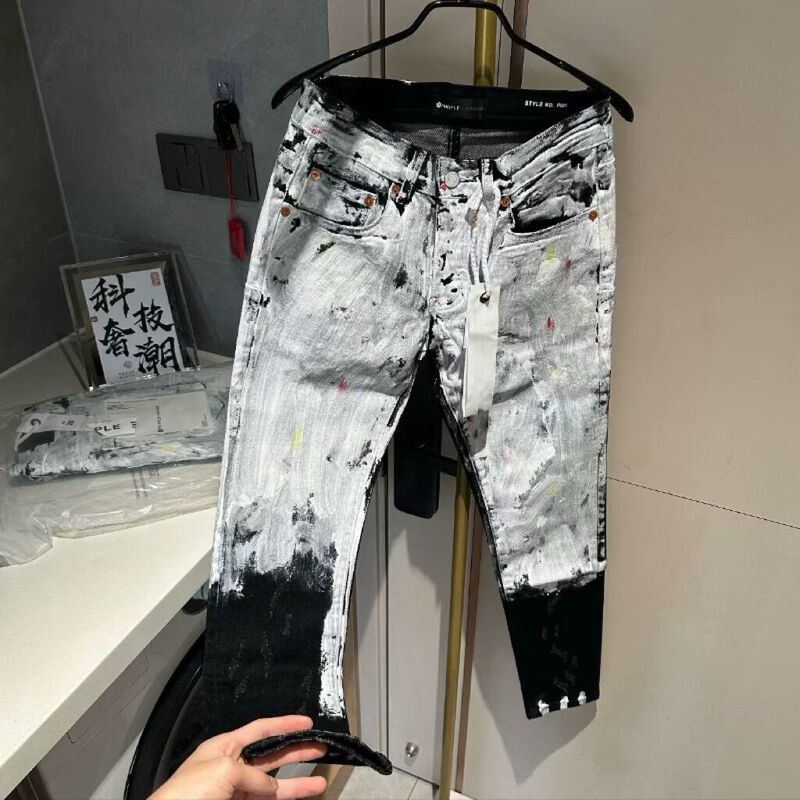 Street Hip-Hop Designer American High Street Splash Ink Retro Trendy Personalized Men's Tight Jeans Stretch Slim Pants