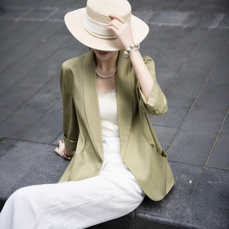 Nanyouhuo 2026 New Style Elegant Commuter Lightweight Drapey Breathable Three-Quarter Sleeve Green Fruit Collar Acetate Linen Blazer Nanyouhuo 2026 New Style Elegant Commuter Lightweight Drapey Breathable Three-Quarter Sleeve Green Fruit Collar Acetate Linen Blazer