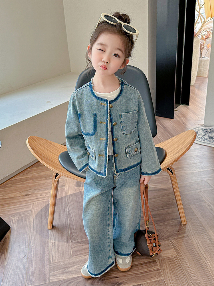 韩版儿童上衣春新款女童洋气时髦春秋季圆领长袖毛边牛仔套装潮
