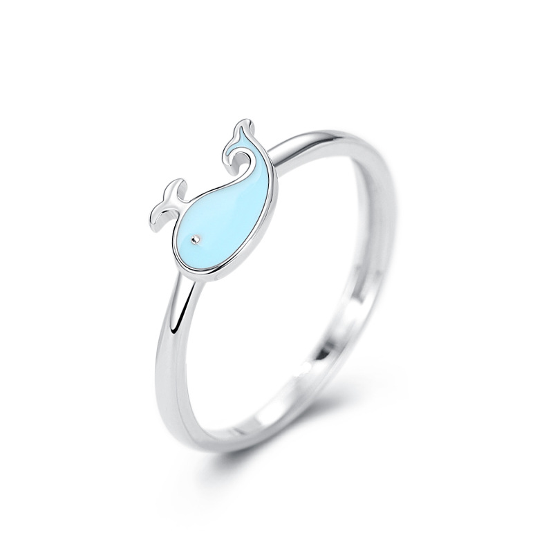 S925 plata esterlina pequeño animal anillo hembra dibujos animados pequeña ballena delfín anillo simple temperamento abierto anillo femenino al por mayor