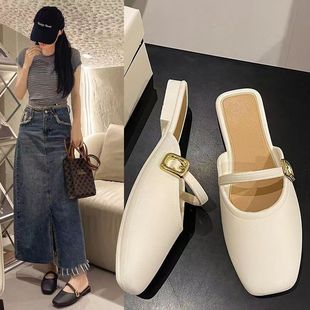 2025 New Style Slippers, Flat-Soled Outer Wear, Slip-On Toe-Cap Summer Shoes, Fashionable and Versatile Lazy Mule Shoes Wholesale