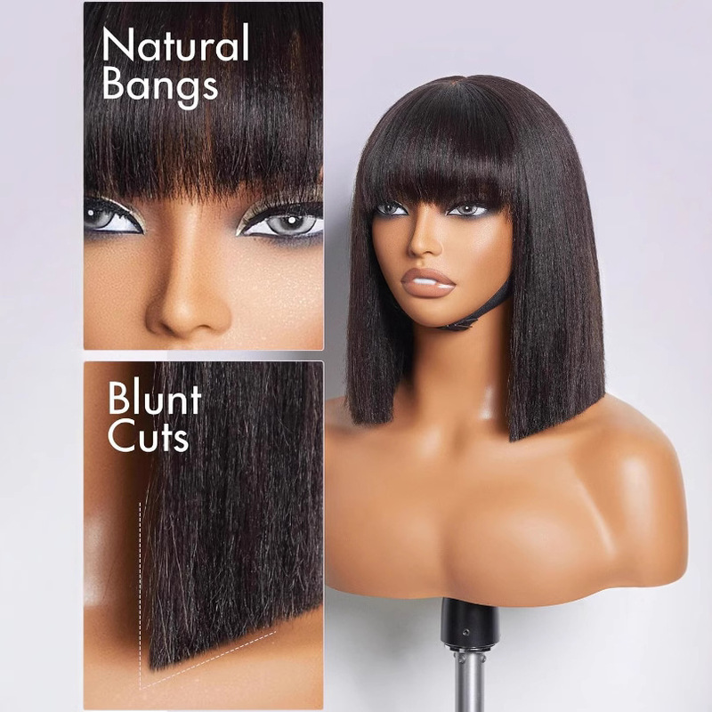 ヨーロッパとアメリカのかつらレースフロントウィッグボボヘッド黒ショートヘアヘッドギア高温シルクミッドパートインナーバックルショートストレートヘア卸売|undefined