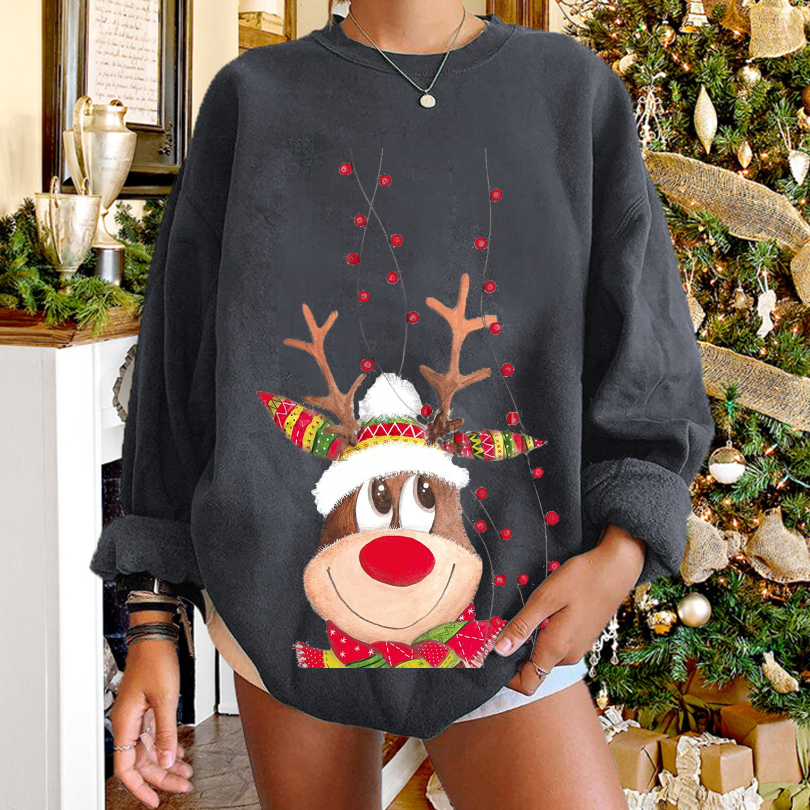 women s dropped shoulder round neck elk printing fleece sweatershirt nihaostyles wholesale Christmas costumes NSYUM79715