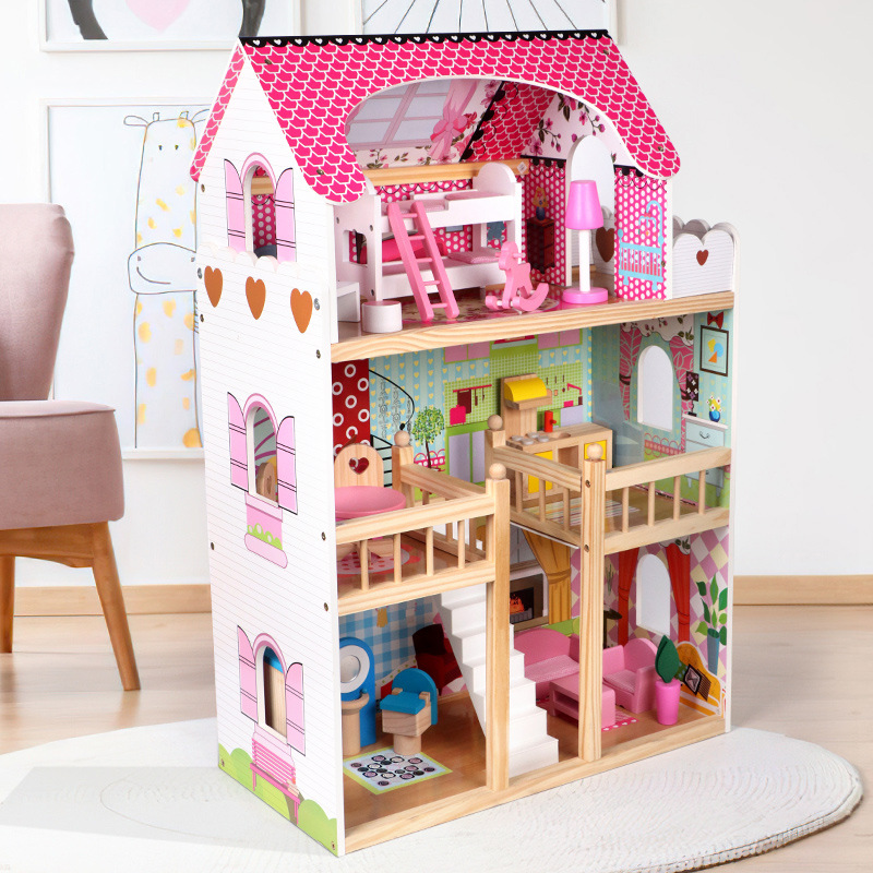 Casa de madera de tres pisos muñeca casa de madera simulación de escena villa mini dormitorio sala de estar muebles juegos de juguetes