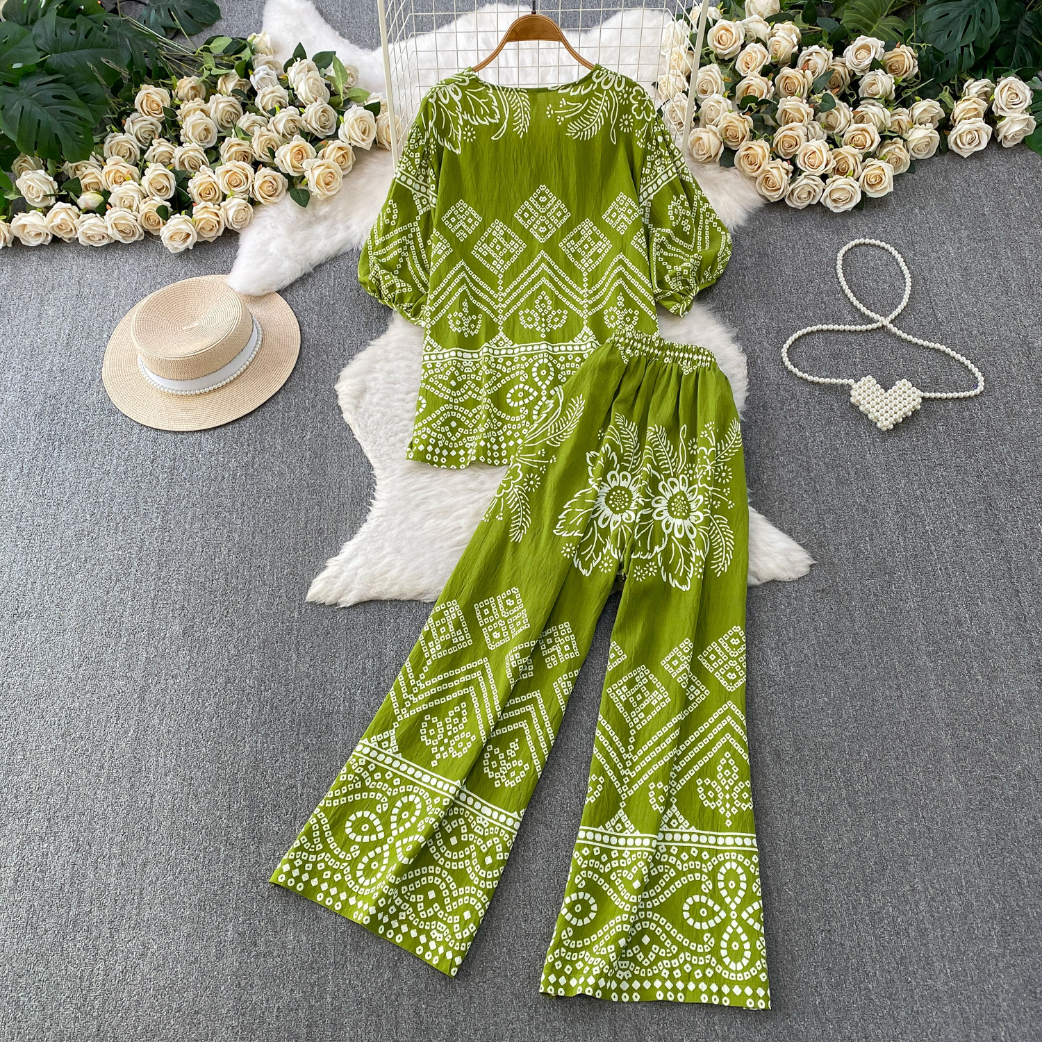 Women's French Style Commuter Cardigan V Neck Puff Sleeve Geometric Print Two Piece Set Casual Loose Fit Slimming Wide Leg Pants_ecoleips.com