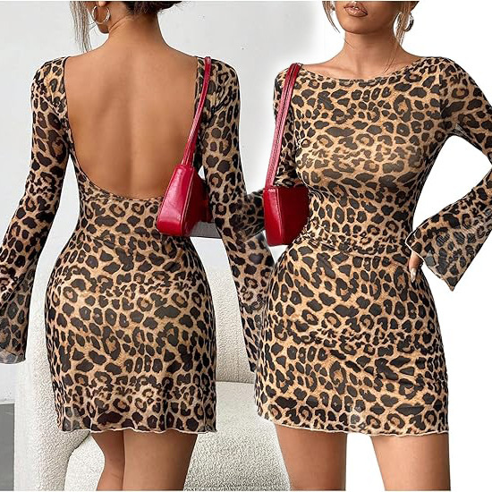 Cross Border Amazon Women's Leopard Print Mesh dress Backless Horn Sleeve Mini Party Dress Long Sleeve Women's Clothing