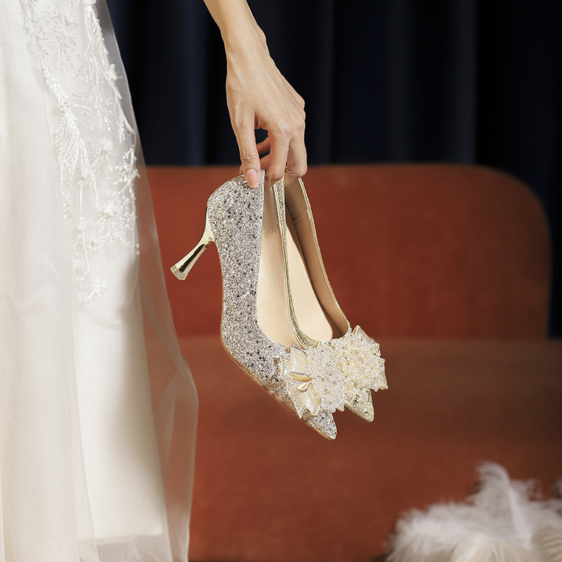 316-A187 Crystal High Heeled Shoes 2024 New Banquet Wedding Shoes Pointed Heeled plus size Plus Fat Width 30-45