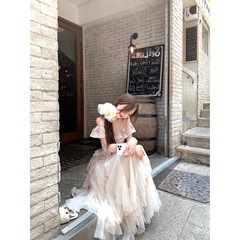Q女家花期沈香/一字肩砕花ストラップ上着不規則糸スカートセット夏絶美スカート